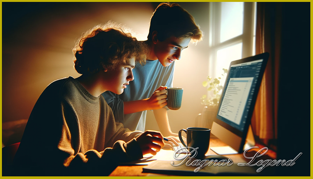 Two teenagers collaborating at a computer desk, with one offering a cup of tea to the other in a gesture of friendship and support.