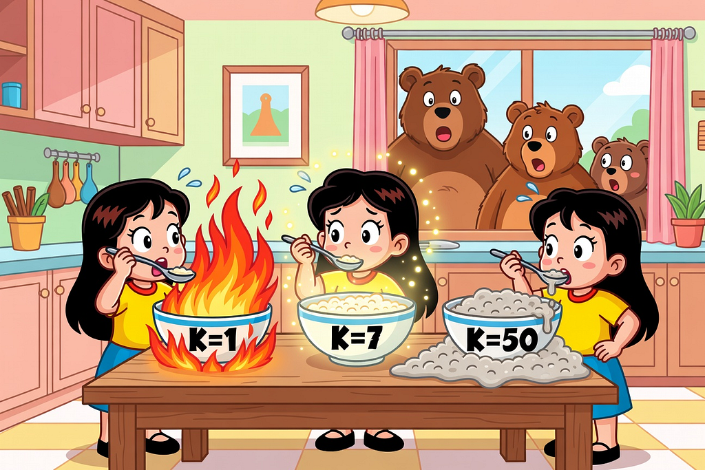 Cartoon Goldilocks at three porridge bowls representing K too small, just right, and too large