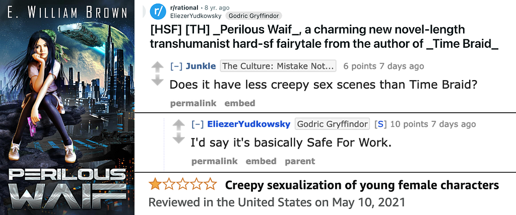 Book cover of Perilous Waif alongside Eliezer Yudkowsky’s Reddit posts about it and a one-star Amazon review titled “creepy sexualization of young female characters