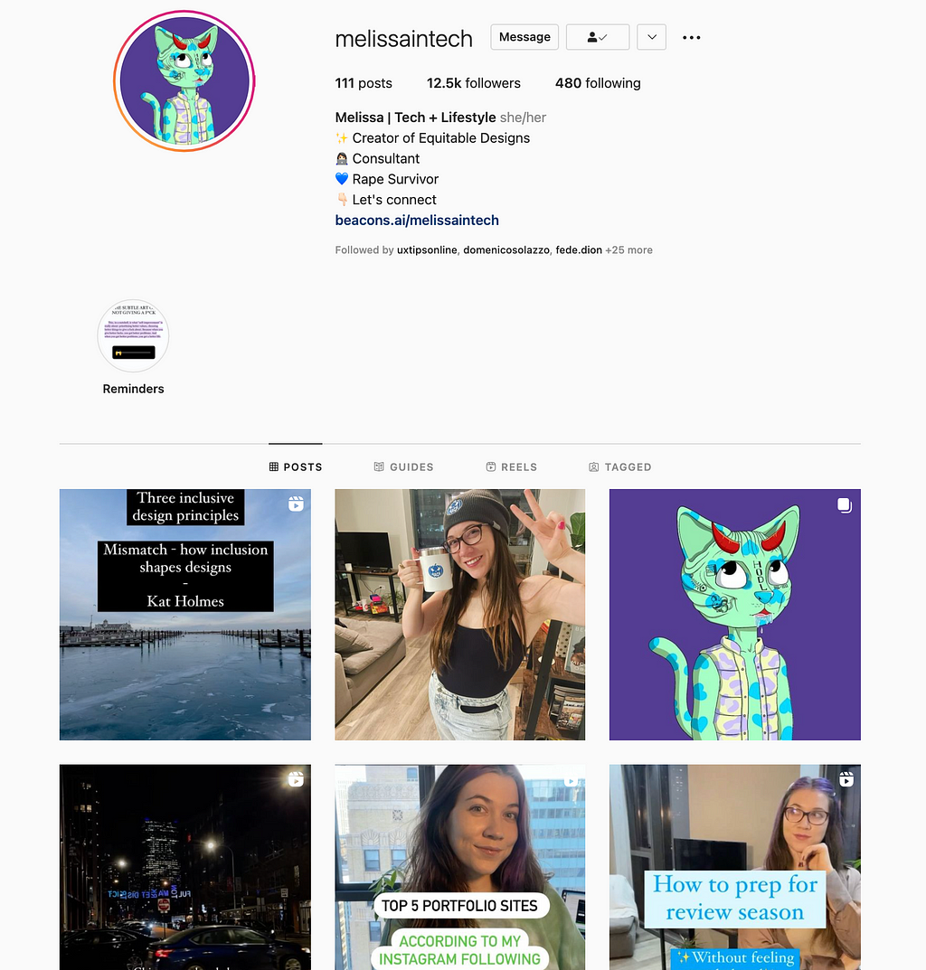 Screenshot of an Instagram profile showing the top 6 posts that show up in feed and the Bio of the Instagram profile