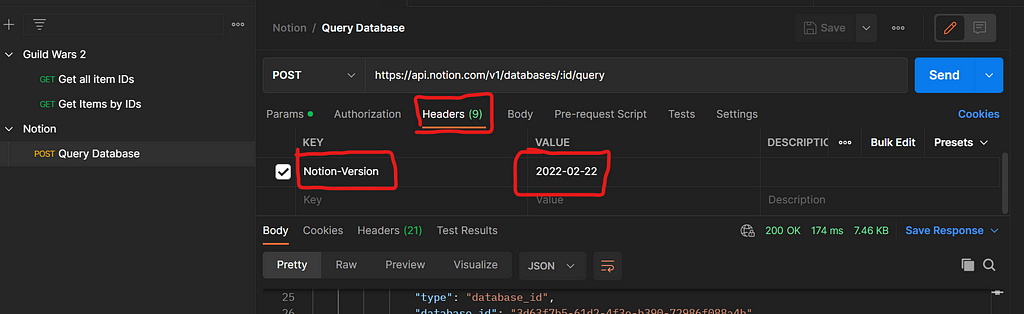 Screenshot of successful API request test for Notion in Postman.