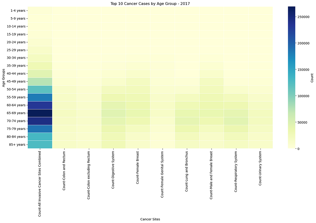Image shows a heatmap with an analysis of age groups and top 10 cancer diagnosis.
