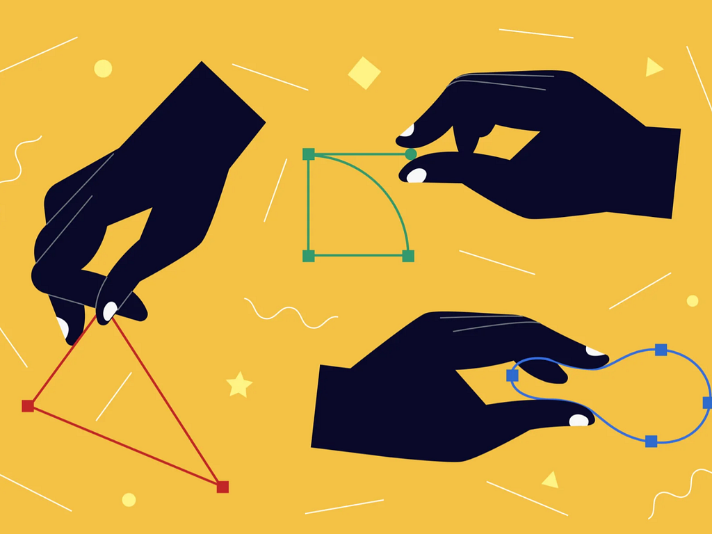Illustration of 3 human hands rendered in black making adjustments to vector simple shapes