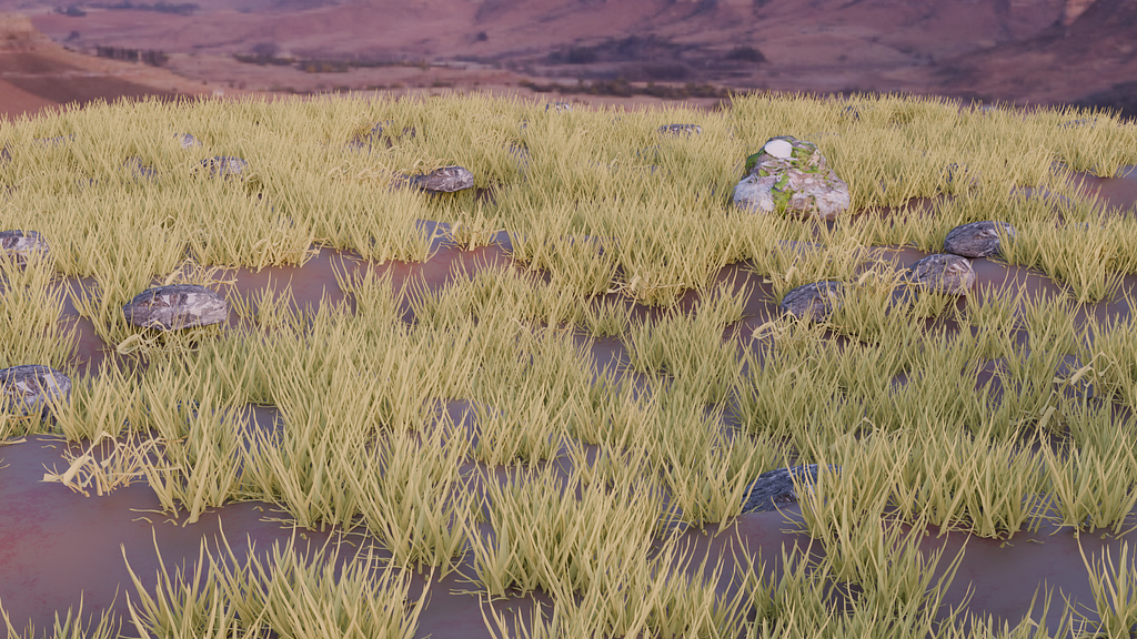 Procedural environment: A 3D image of a grassy field with patches of bare ground, stones scattered around, and mountains in the background.