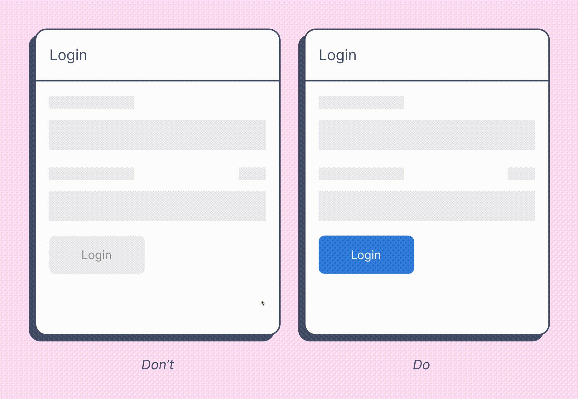 Both GIFs are login pages. The left photo shows a disabled “login” button by default. While the right photo left the “login” button enabled and on page submit, shows an email field inline error.