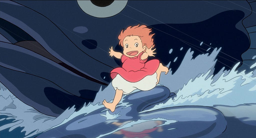Ponyo running on top of waves that look like giant blue fish
