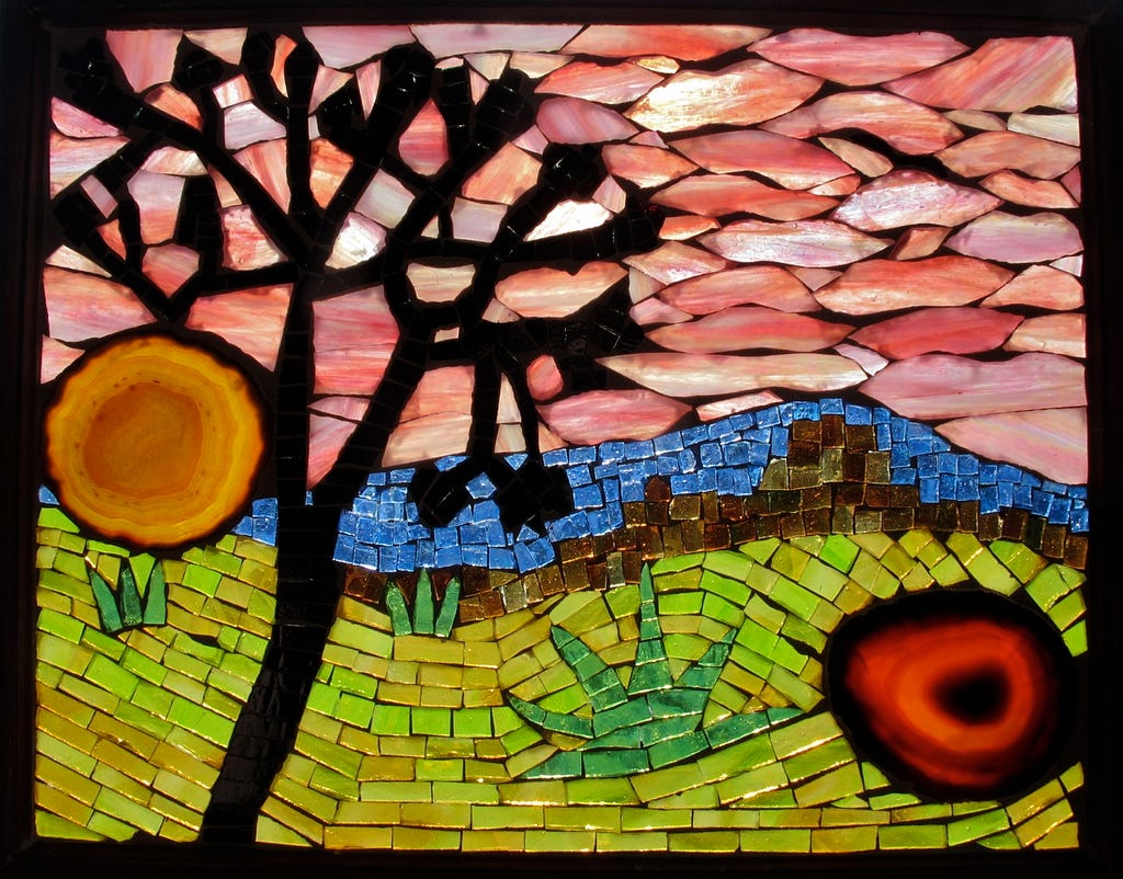 Stained-glass mosaic of a Joshua tree by Angel La Canfora.