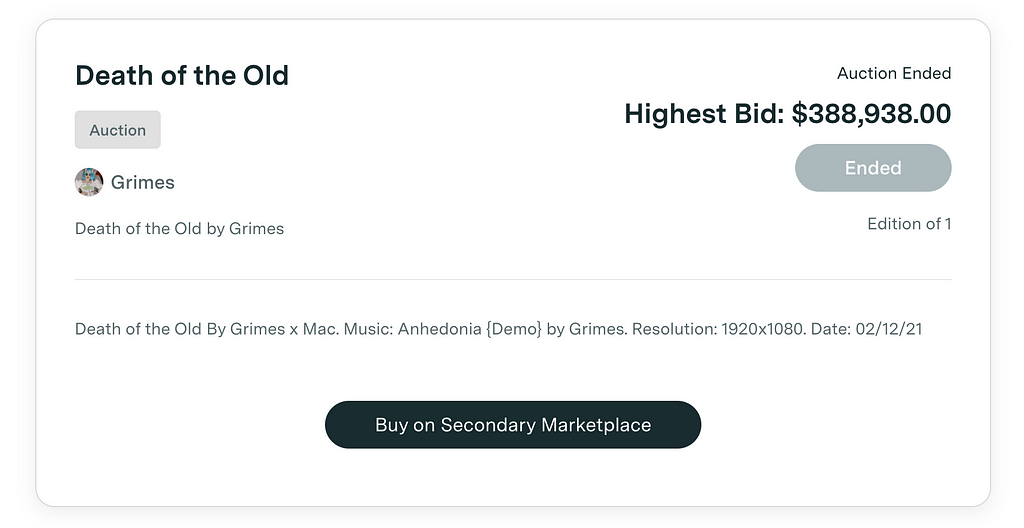 UI of highest bid in an auction for a video by Grimes