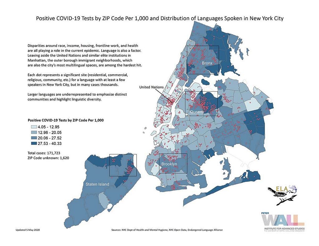 Map showing positive COVID-19 tests per 1,000 people inNew York City.