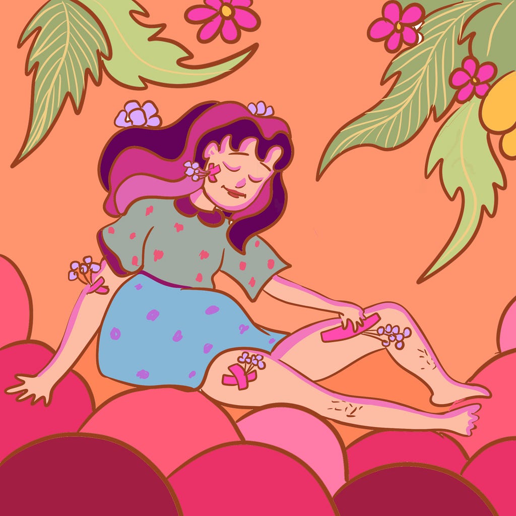 Illustration: Against an orange background, there is a person laying down with a relaxed expression. They have pink band-aids in their legs and arms, and purple flowers are coming out of them. At the top of the illustration, there are green leaves with pink flowers. Credit: Ritika Gupta