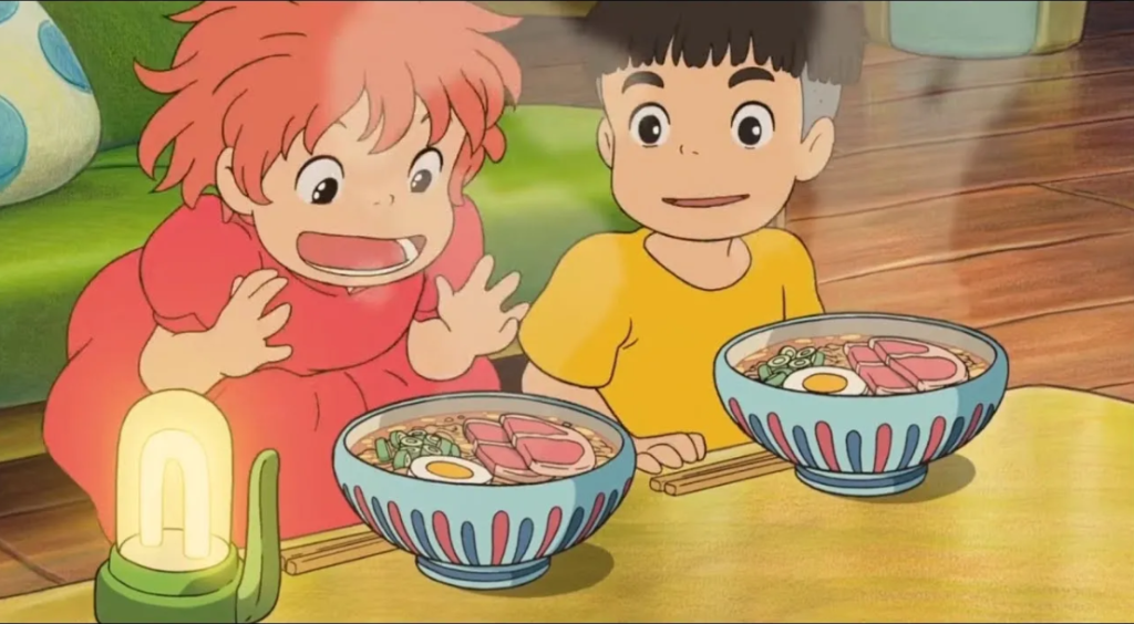 Ponyo and Sosuke marvelling at ramen and ham