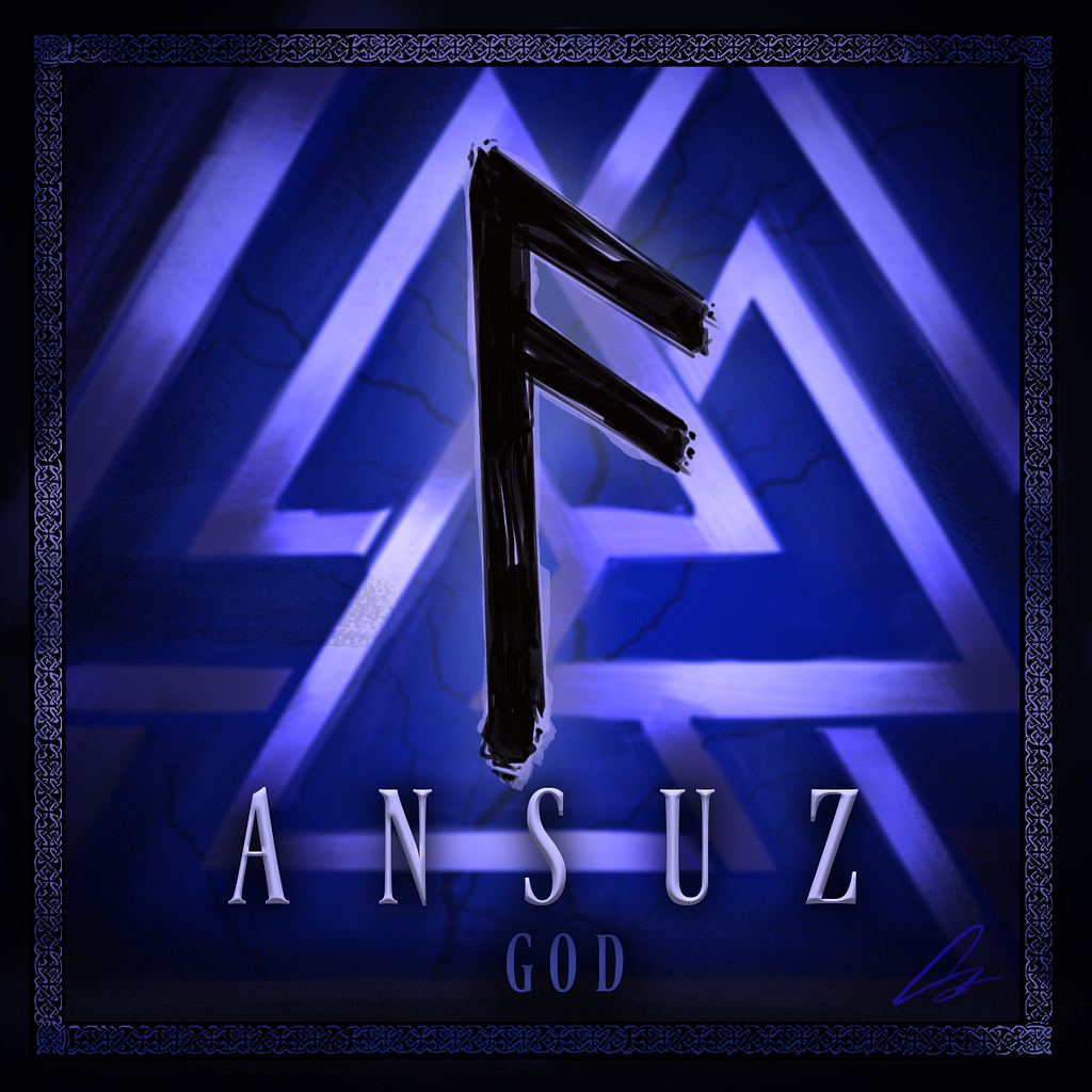 Digital artwork of the Rune Ansuz containing mostly blue and white.