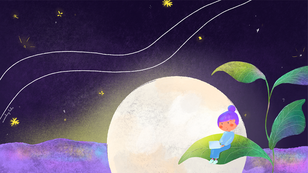 An abstract illustration of a girl sitting with a laptop on a leaf of a nearby plant. There is a large moon behind her.