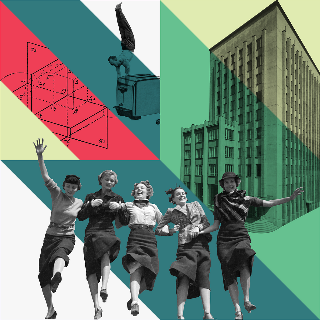 Collage of vintage photos: a group of women walking arm in arm, an office building, a man balancing on a toaster.
