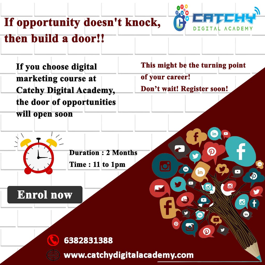 Catchy digital academy is the best place to do digital marketing in Coimbatore. 
 
 We are offering both services and classes for digital marketing. We are doing digital marketing in an organic method for the long term.
 
 You could be a complete beginner, a business owner, a traditional or digital marketing professional, a recent graduate, or simply looking to change your career.
 
 Step forward to Catchy digital academy we provide
 ü SEO (Search Engine Optimization),
 ü SEM (Search Engine