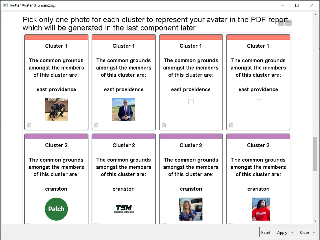 An interactive table where the user may select one photo which best represents the cluster of avatars.