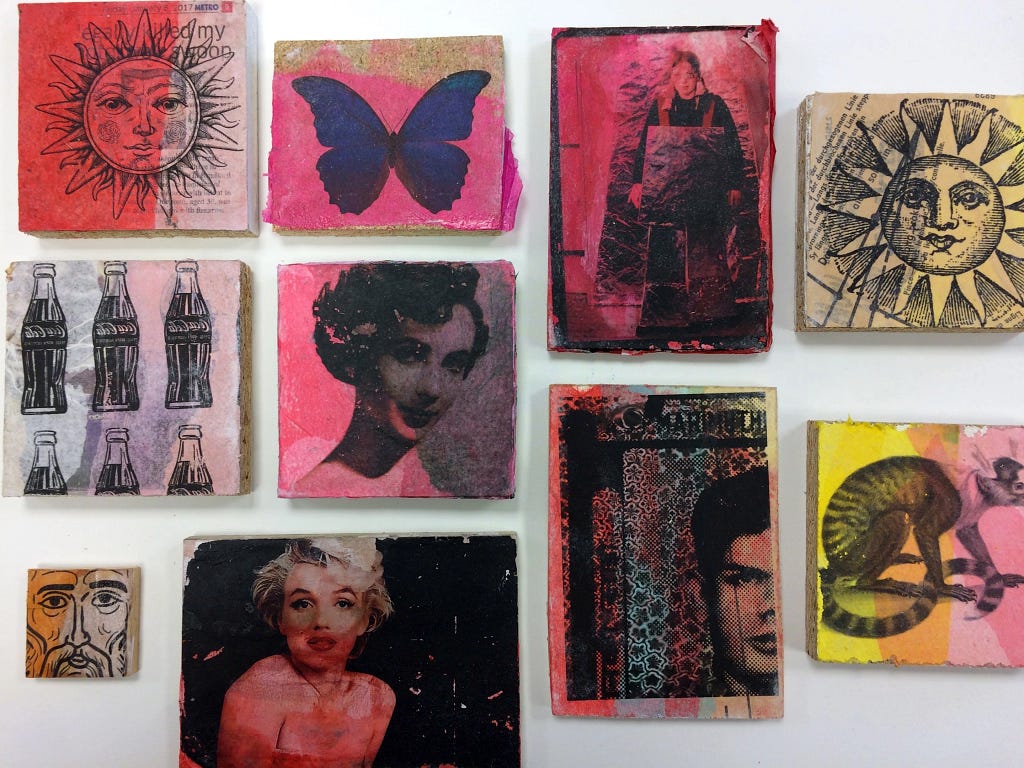 A collage of art tiles features diverse images: a sun face, butterfly, celebrity portraits, soda bottles, and a lemur, all with vibrant colors and vintage flair.