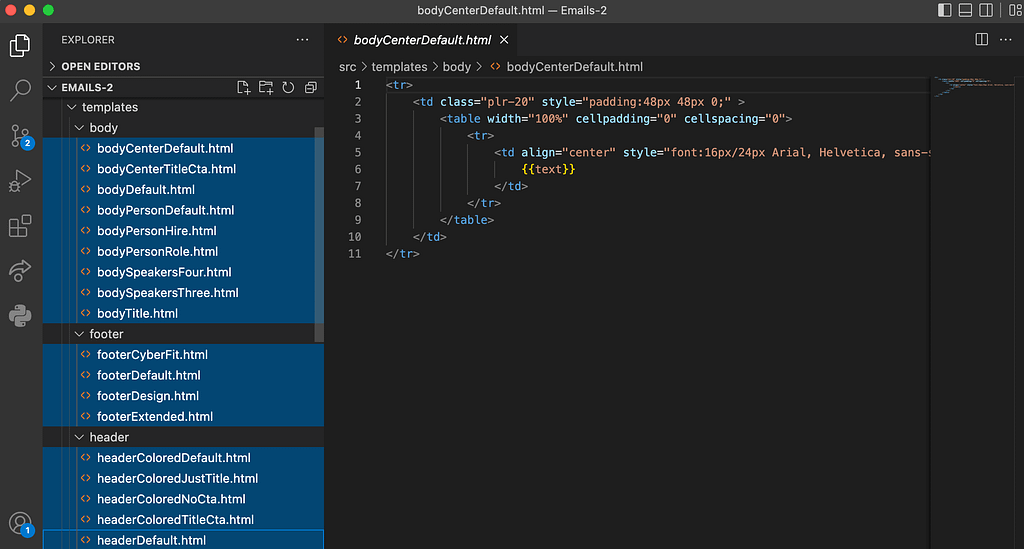 List of .html files in VS Code.