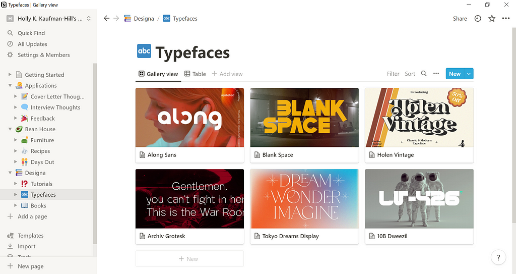 A screenshot of the Notion app, showing a gallery of typefaces.