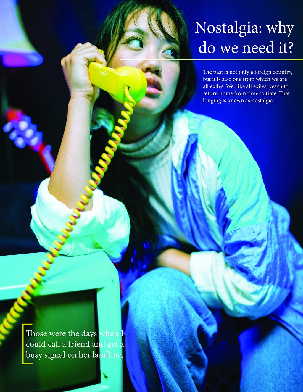 Magazine Page Spread Girl In Retro Track Suit Holding The Reciever Of A Telephone, Leaning On An Old Box Television
