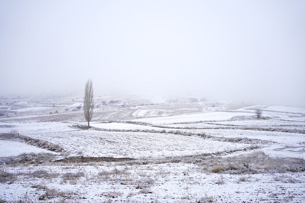 卡帕多奇亞下雪了，全白色的地景