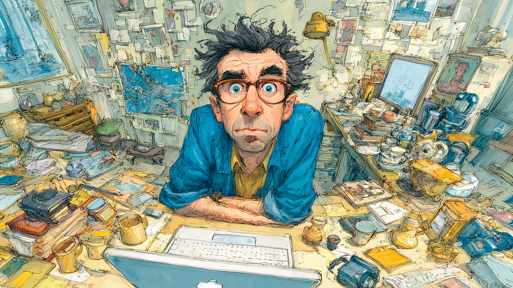 A drawing of a man looking straight at the camera surrounded by a crowded desk