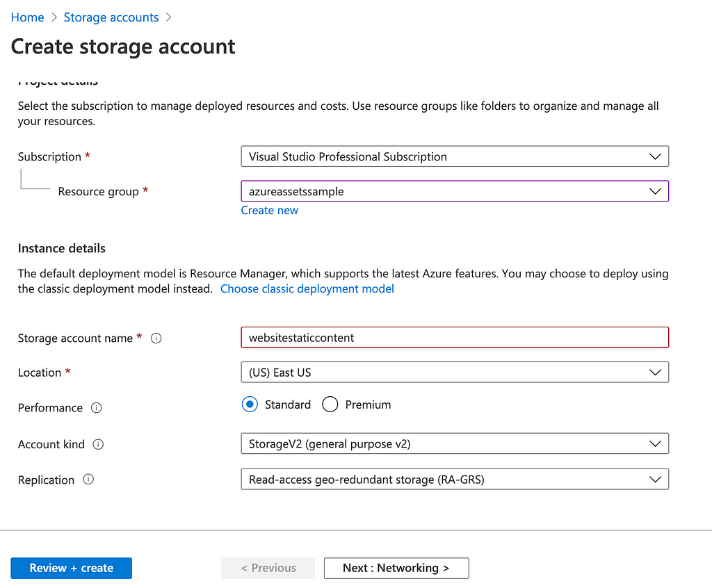 Setting up a Azure Storage Account to hold the website’s assets
