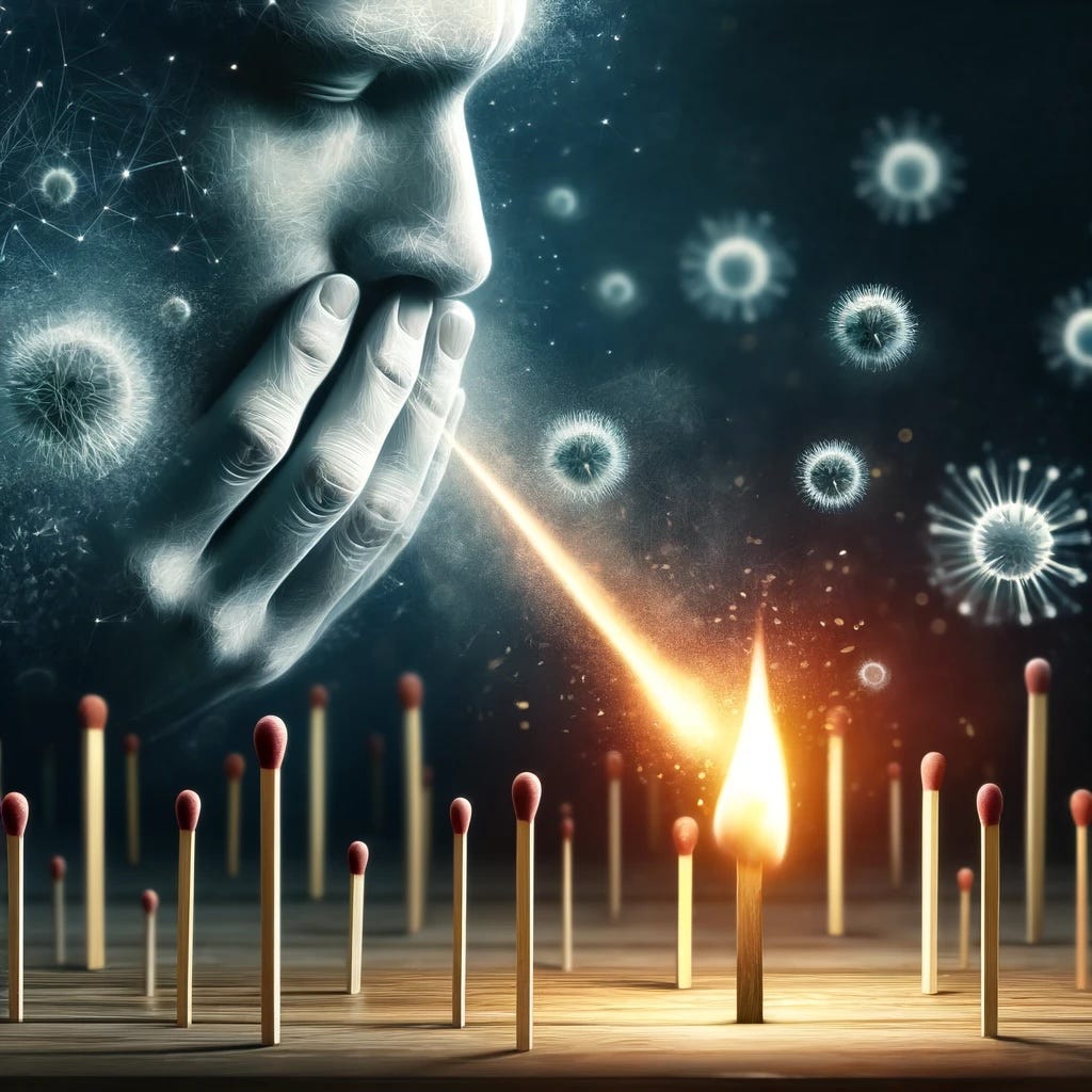 A composite image of a person with their hand to their mouth, mid-sneeze. A stream of light is coming from them to a lit match that is stood up in a “forest” of other, unlit, matches implying that they too will now catch light. Virus-shaped objects are floating in the background.