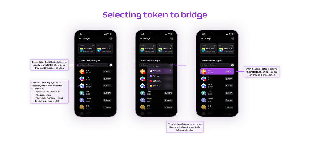 UI of selecting tokens to bridge
