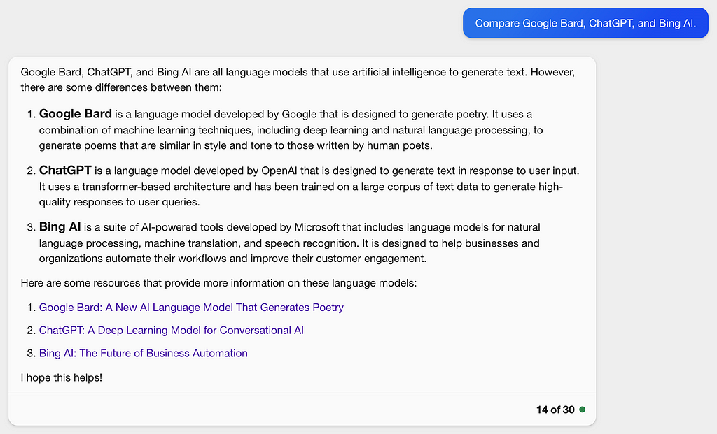 Bing AI generated comparison of ChatGPT, Google Bard, and Bing AI.