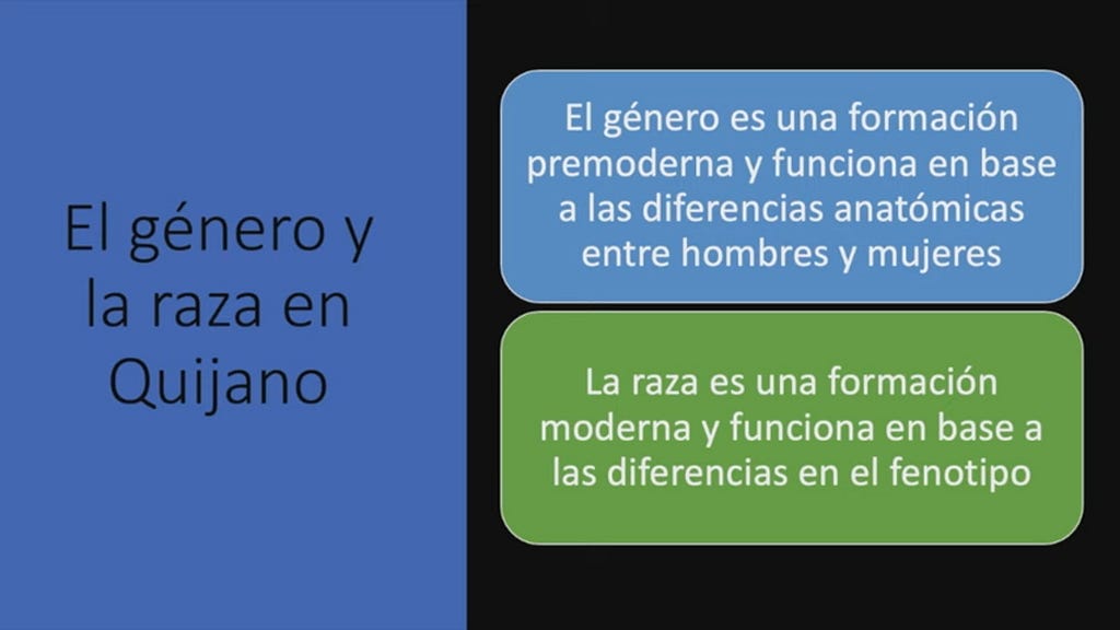 Cuadro iquierdo : el généro y la raza en Quijano ; Cuadro alto derecho : El género es una formacion y funciona en base a las diferencias anatomicas entre hombres y mujeres ; Cuadro bajo derecho : La raza es una formacion moderna en base a diferencias en el fenotipo