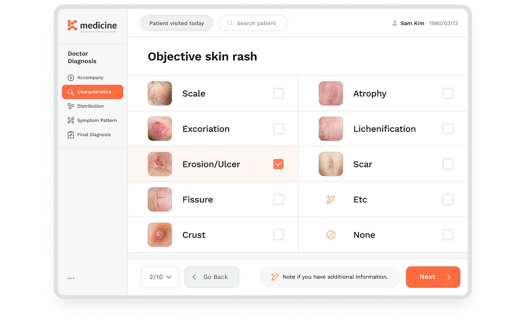 A tablet app screen where doctors select an option of objective skin rash.