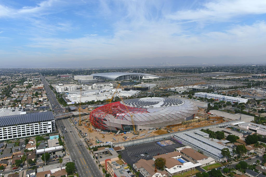 Aerial view of the Intuit Dome construction site with SoFi Stadium in the background in Inglewood, California, October 13, 2023. Photo by Image of Sport/Reuters