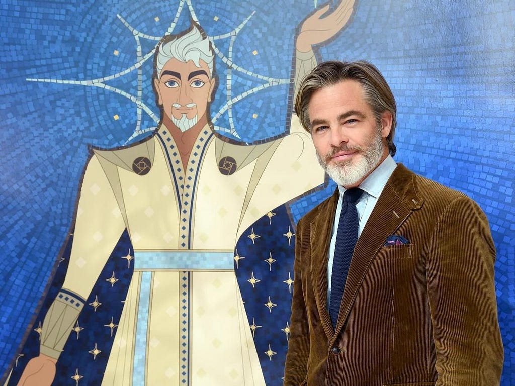 Actor Chris Pine in the foreground with a background mosaic of his character, King Magnifico, behind him.