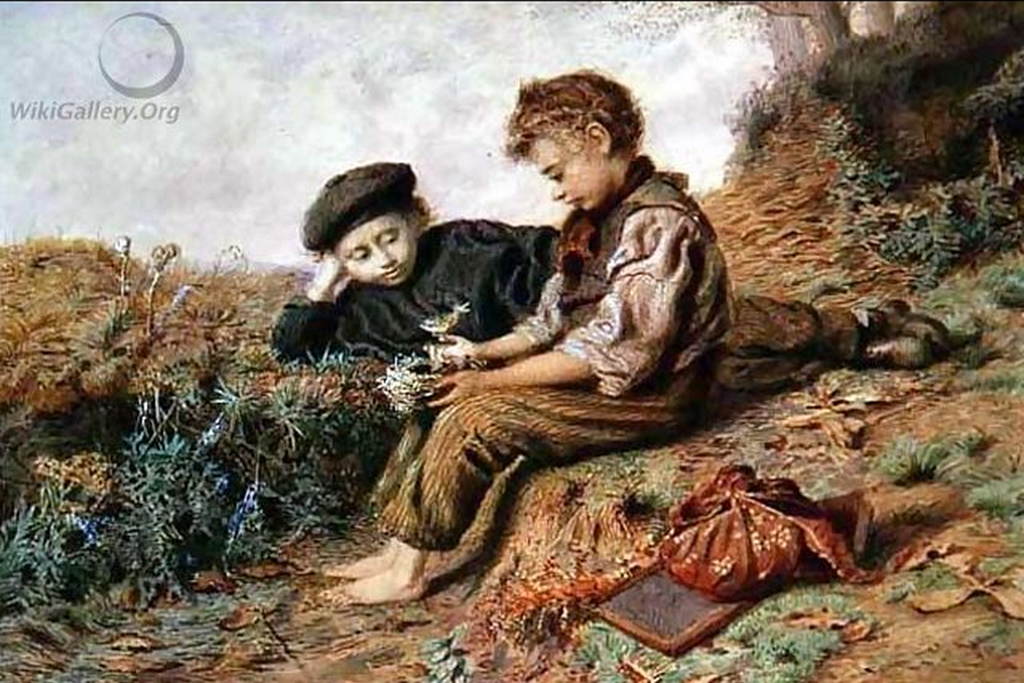 A 19th-century painting of two young boys in nature.