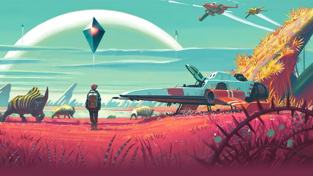 No Man’s Sky key art featuring the Atlas, a spaceship, and the player on a red, grassy planet