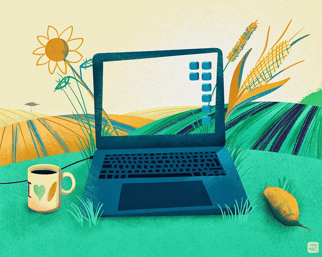 Remote Work, a computer over a field on the country side