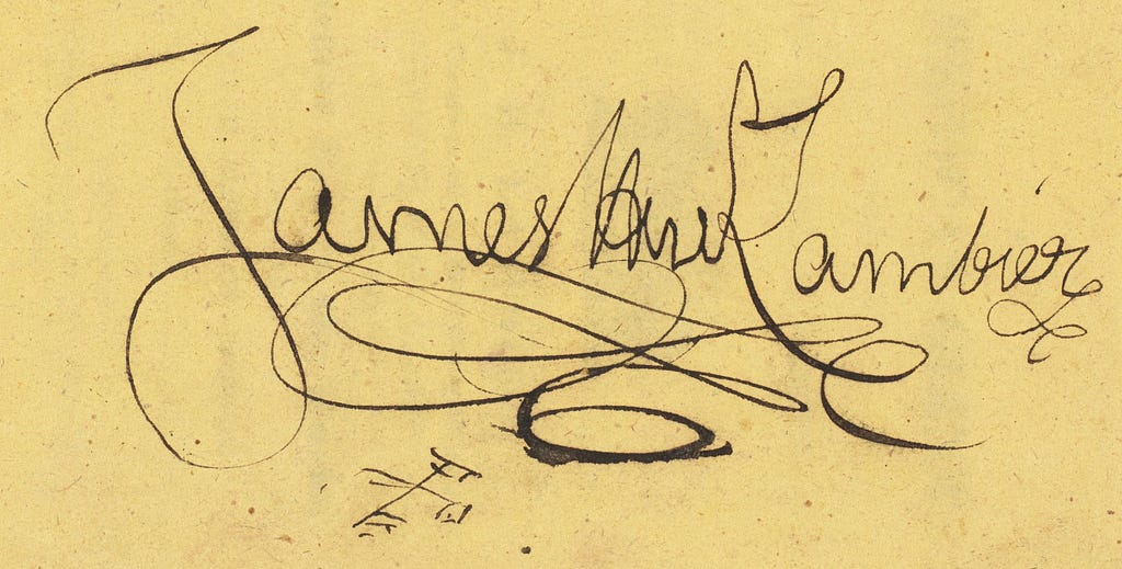 Elaborate nineteenth-century signature of James Henry Lambier,  written in black ink, with decorative swirls.