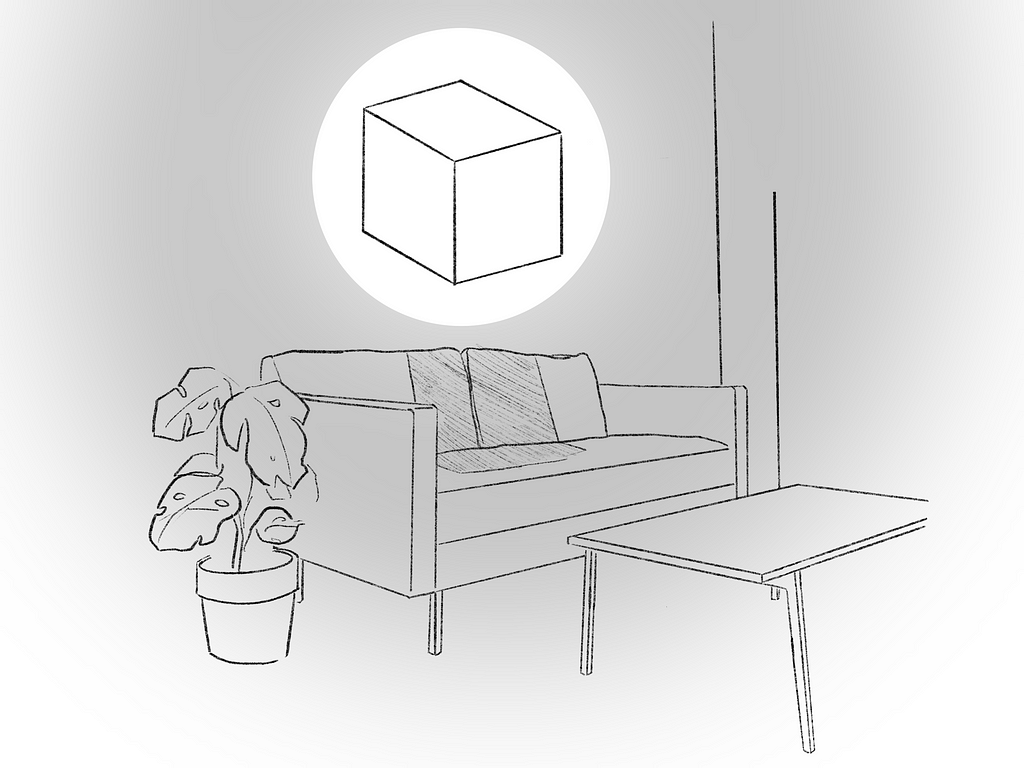 Sketch of a cube floating in a room. The cube has a spotlight around it distinguishing it from the rest of the room