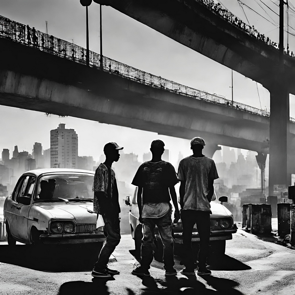 Três homens encarando a cidade, embaixo de um viaduto, com dois carros antigos na frente.