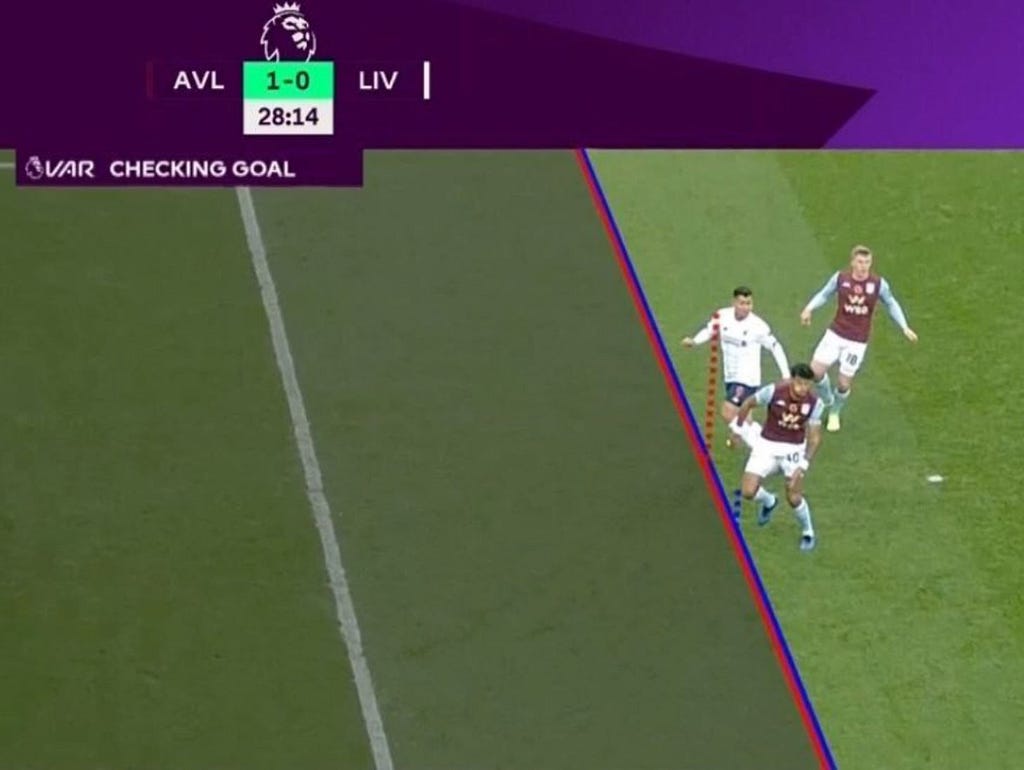 Tight offside decision decided by the position of a player’s armpit, which is hidden in a loose shirt.