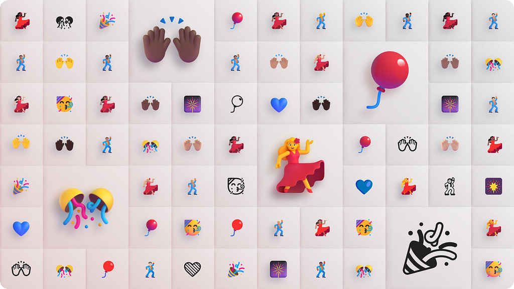 Emoji on a grid. Black hands celebrate. A woman in a red dress dances. Colorful confetti explodes while a red ballon dangles a blue string.