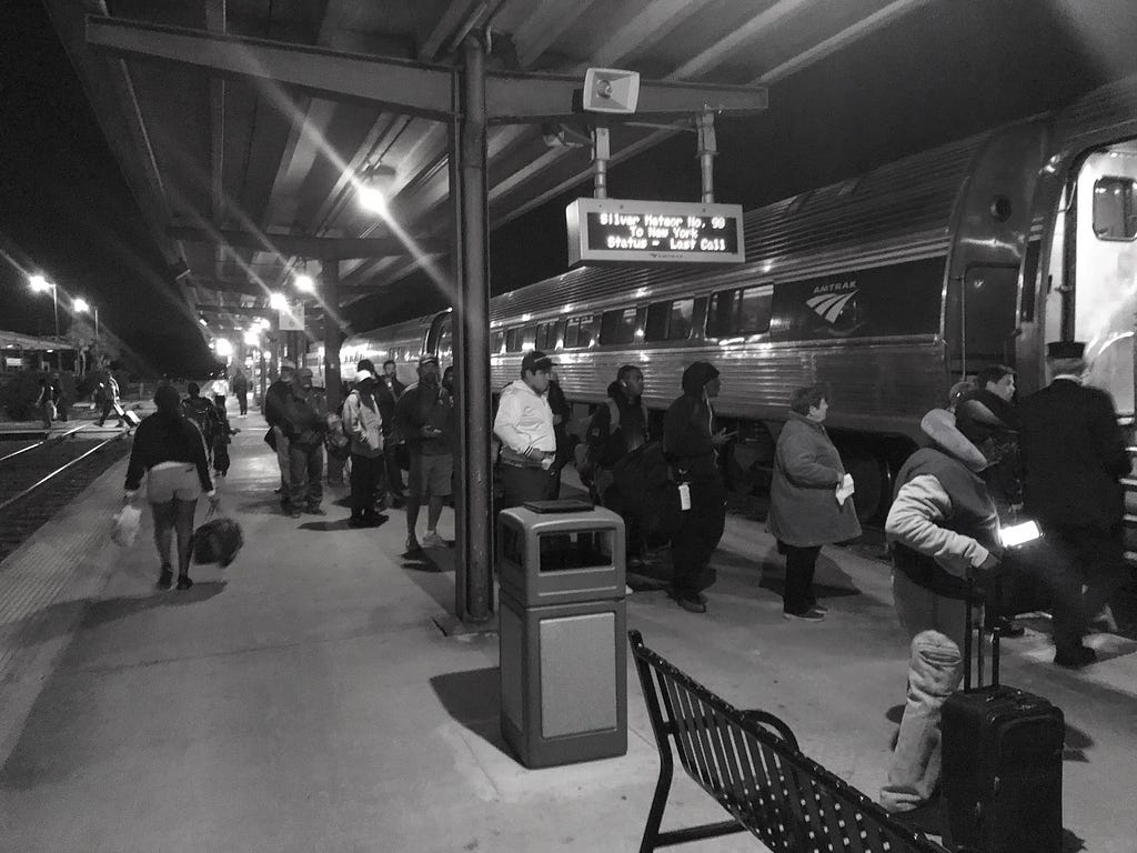 Passengers outside Savannah Amtrak station