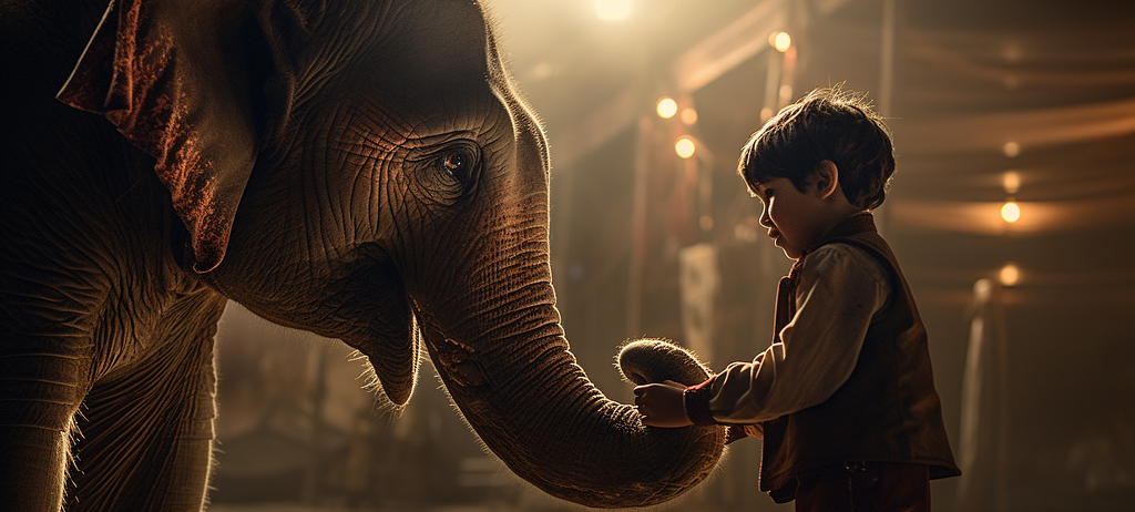 A cinematic photo of Modoc the Asian circus elphant with Bram the little boy who is his handler in the circus, filmed in the style of Greig Fraser with enormous detail, use cinematic lighting, dramatic framing, dark& moody, beautiful cinematography, hyper realistic, detailed, intricate details, beautifully color graded, cinematic lighting, dramatic lighting, realistic, high contrast, cinematic composition, hyper detailed, photorealistic, epic, polished, premium, 8K