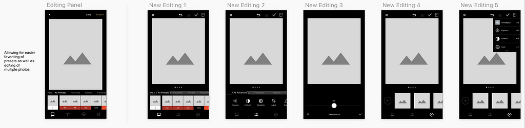 Low-fidelity iterations of a more accessible editing panel.