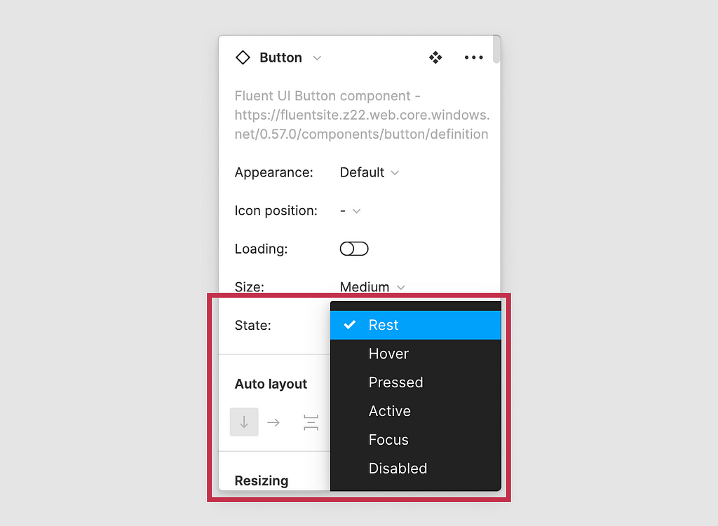 Button controls inside Figma UI variants panel highlighting the “State” prop