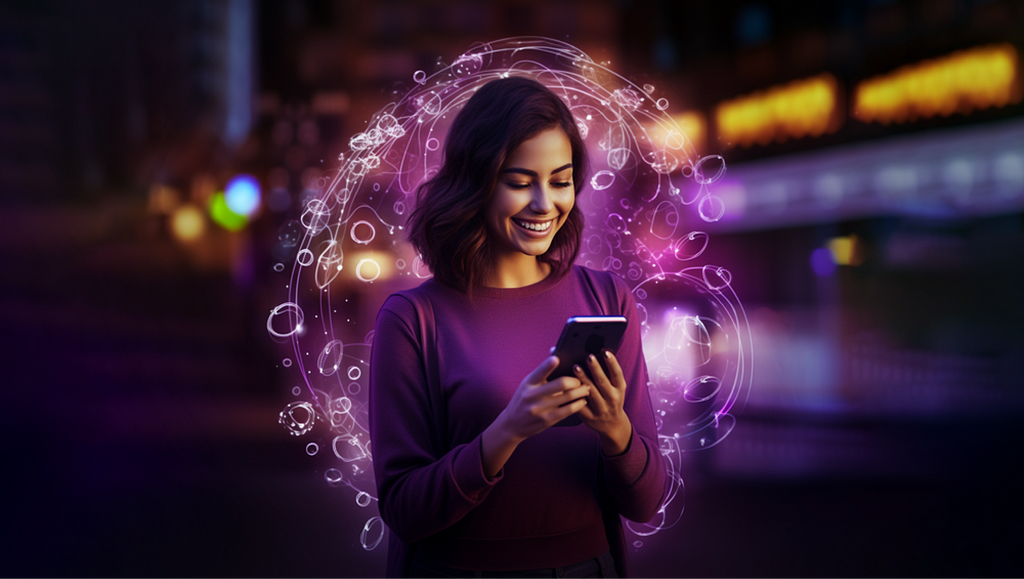 An artistic image of a woman smiling at her smartphone with a background of vibrant, glowing abstract connections symbolizing digital communication or AI processes. The image conveys a sense of connection, technology, and user engagement with a futuristic feel.