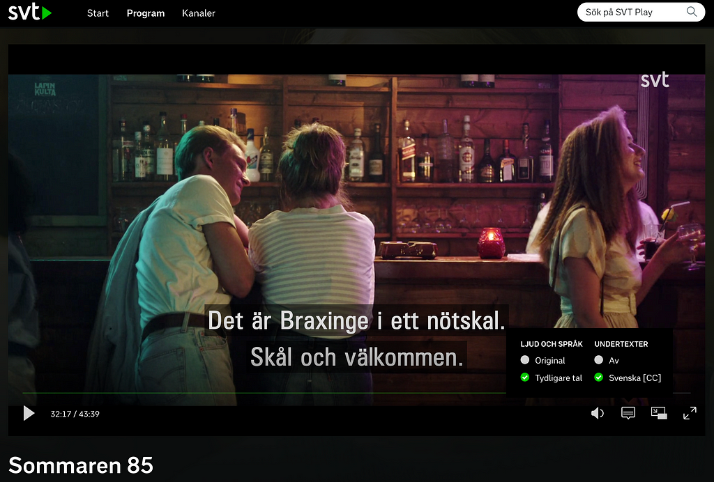 Videoplayer on svtplay.se with a tooltip showing the new function Tydligare tal (Clear Speech in English)