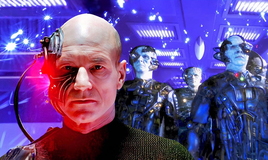 A bald man with futuristic cyborg enhancements stands against a backdrop of alien figures with similar features, all bathed in blue light, creating a tense sci-fi atmosphere.