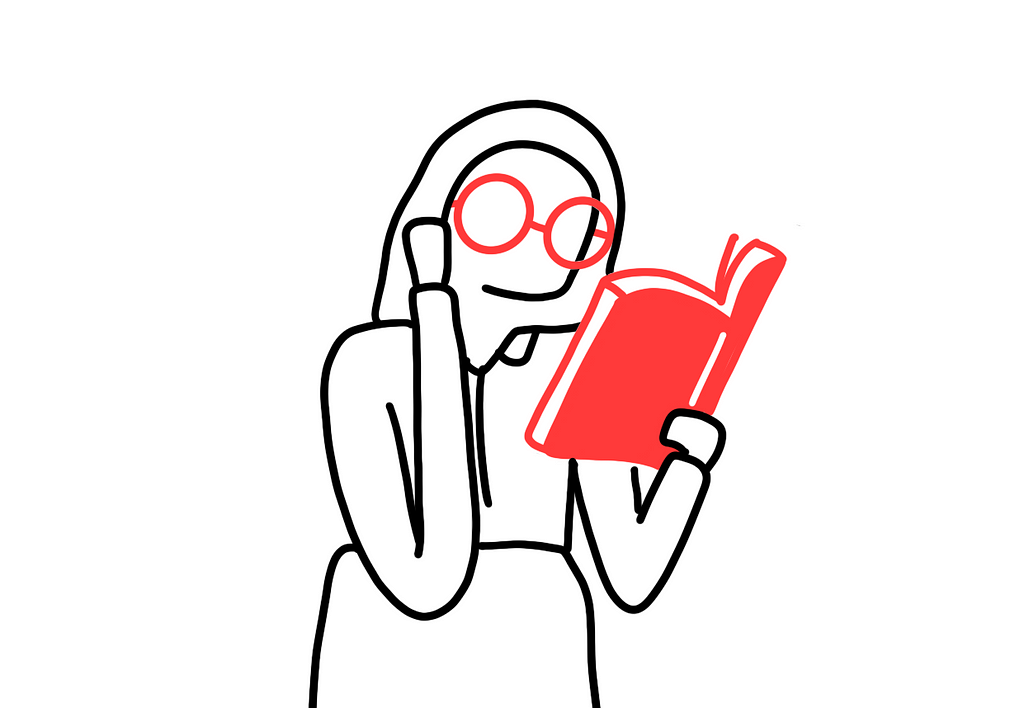 Drawing of a lady immersed in reading with her glasses on.